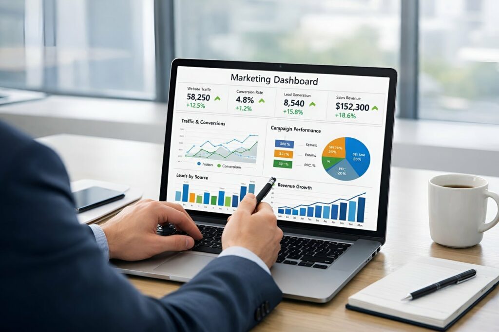 Laptop met een e-mailmarketingdashboard op het scherm, klaar voor een lijstmigratie